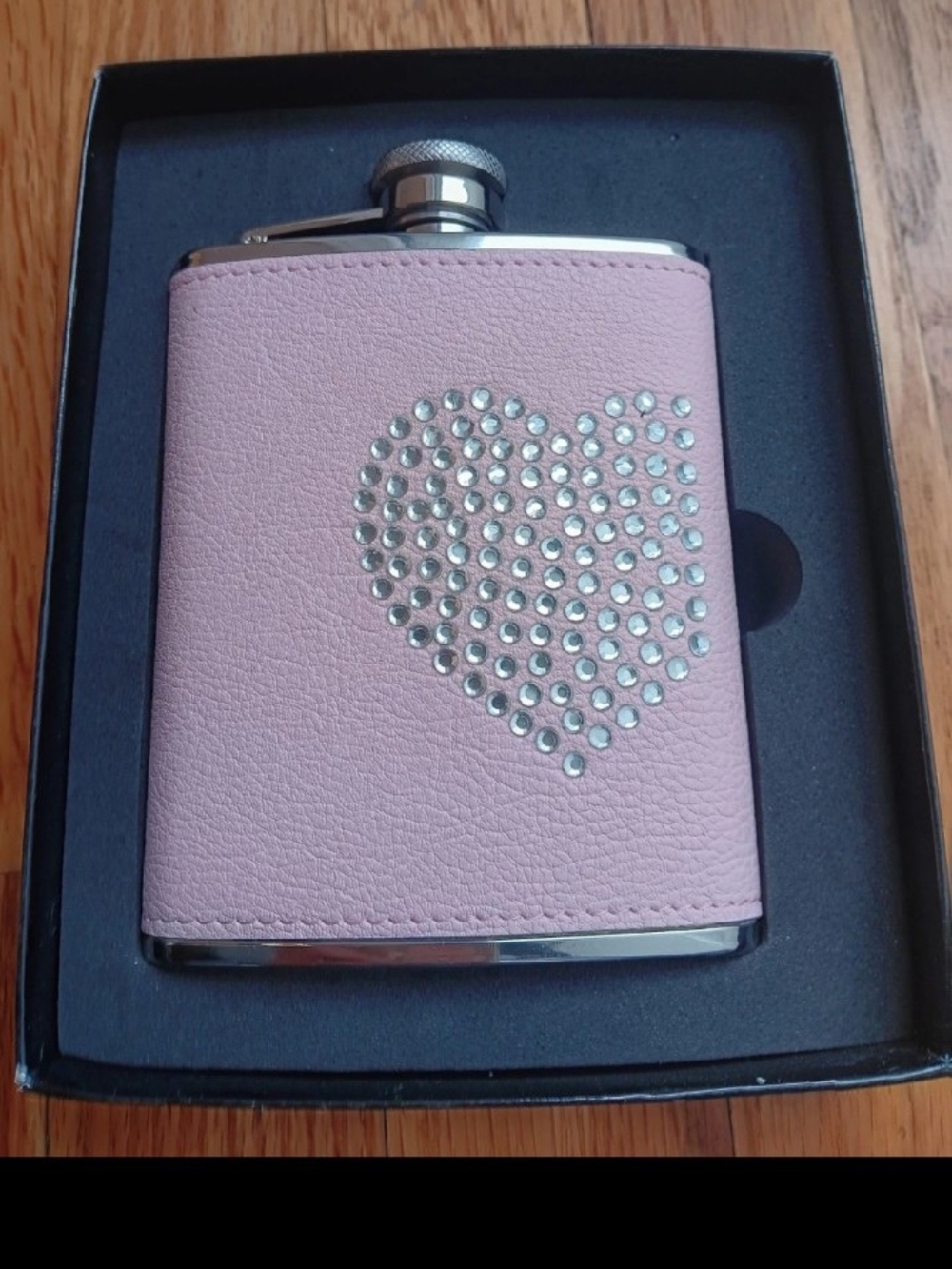 Bey-Berk Pale Pink 6 oz Leatherette Flask with Rhinestone Heart Design